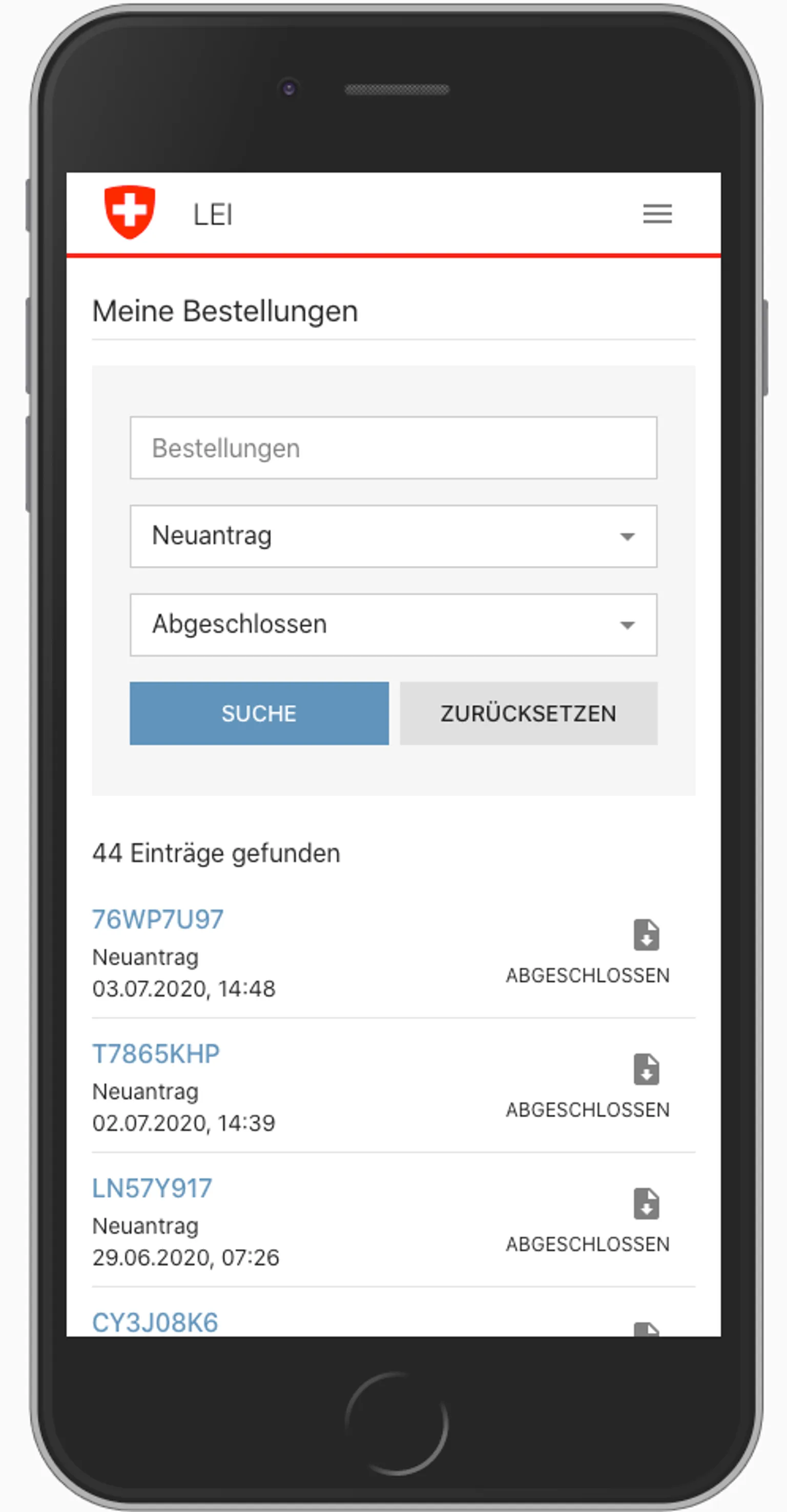 LEI - Bestellungen (Mobileansicht)